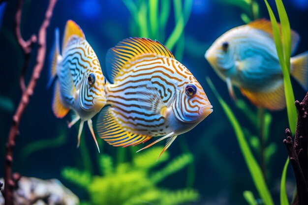 Foto peces ornamentales en agua azul en un acuario de cerca