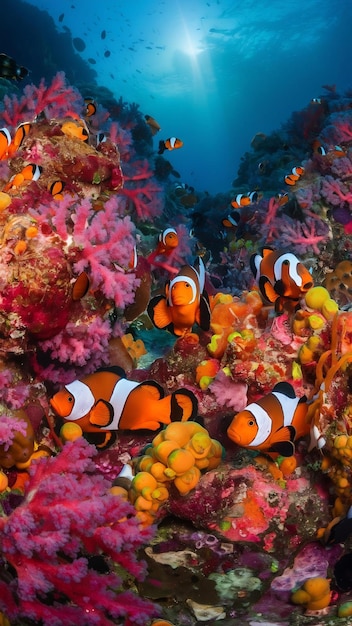 Foto los peces payaso ocellaris entre los arrecifes de coral