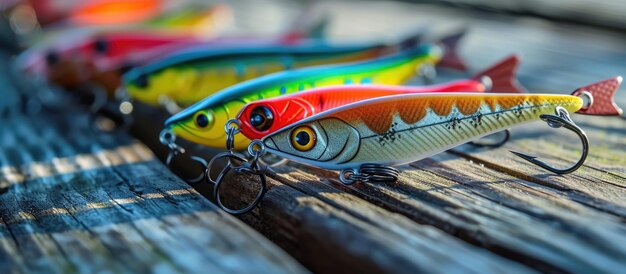 Foto los peces pequeños hacen señuelos en superficie de madera