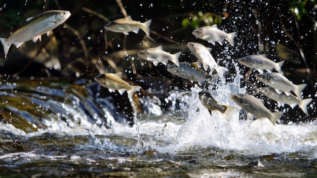 Foto los peces de plata saltan del agua en un arco gracioso sus travesuras lúdicas añadiendo una sensación de vitalidad y energía a la escena del río