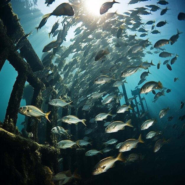 Foto peces entre los restos de un barco hundido