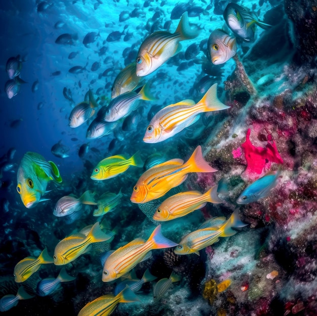 Peces rodeados de jóvenes en un color claro y profundo del mar vivo