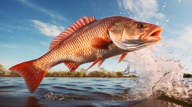 Los peces rojos saltan del agua del río