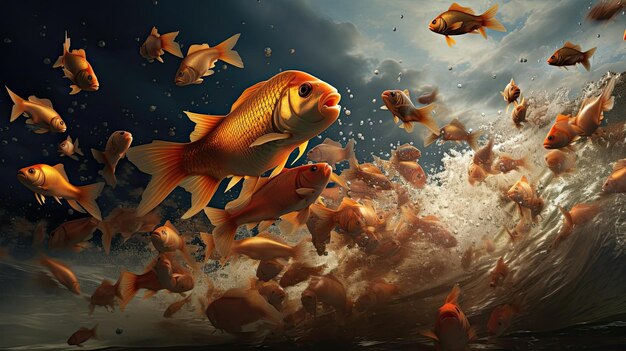 Los peces saltan y salpican mientras participan en una carrera de alimentación frenética, una danza dinámica de movimiento y agua que muestra la intensidad de los ciclos del ecosistema marino Generado por IA