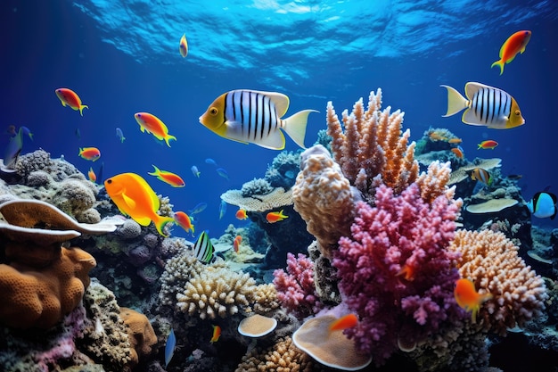 Peces sobre un arrecife de coral en el mar