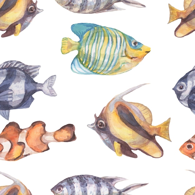 Peces submarinos mar océano corales algas conchas marinas acuarela ilustración dibujada a mano. Prin textil vintage naturaleza salvaje brillante acuario peces patern transparente