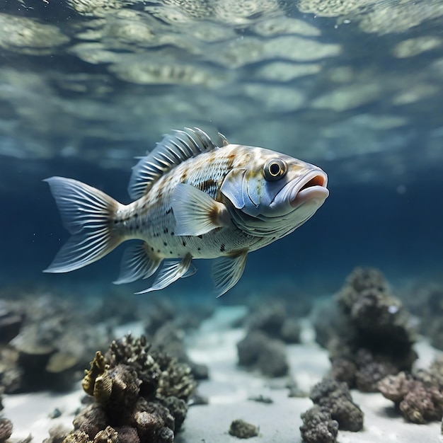 Foto los peces submarinos nadan bajo aguas azules transparentes explorando arrecifes de coral