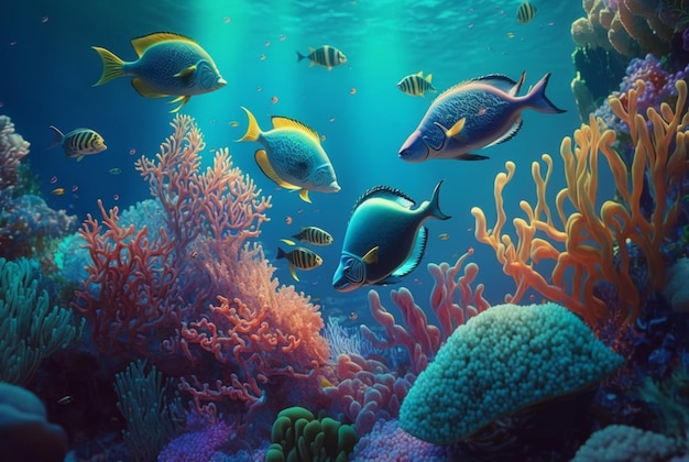 Peces submarinos tropicales en arrecifes de coral Panorama submarino generativo ai