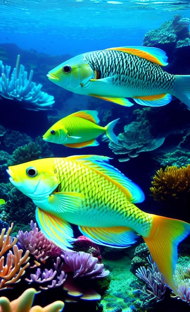 Peces en un tanque con un fondo azul.