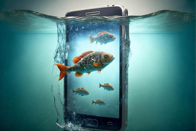 Peces y un teléfono bajo el agua