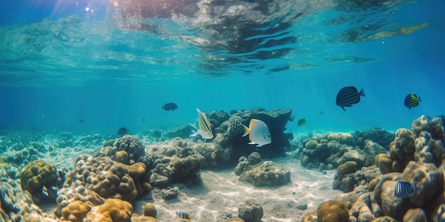 Peces tropicales y arrecifes de coral en el agua bajo el agua Ver IA generativa