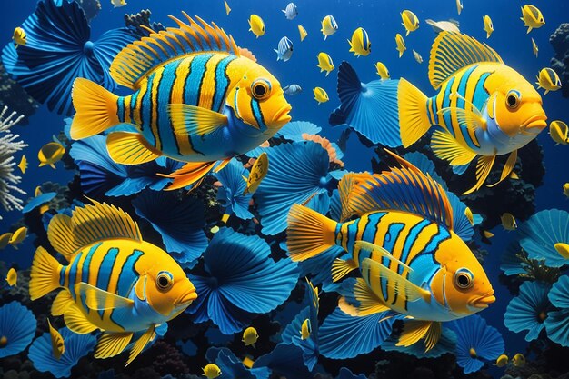 Foto peces tropicales azules y amarillos brillantes sobre un fondo azul