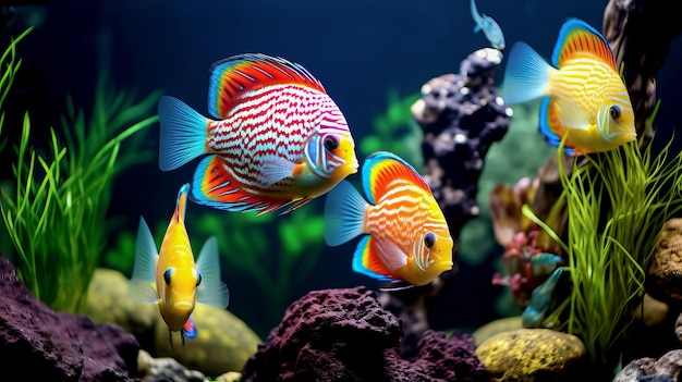 Foto peces tropicales de colores en un acuario con algas