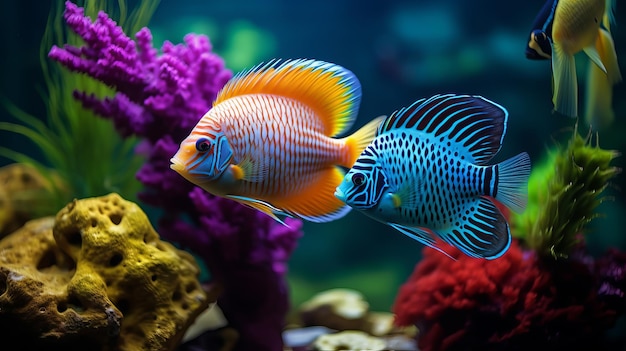 Foto peces tropicales de colores en un acuario con algas