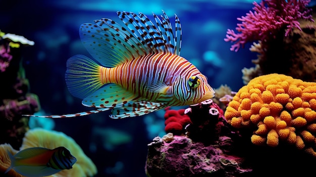 Foto peces tropicales de colores en un acuario con algas