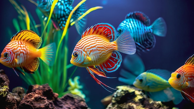 Foto peces tropicales de colores en un acuario con algas