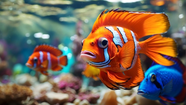 Foto peces tropicales de colores nadando con gracia en un estanque sereno colores vibrantes atmósfera tranquila