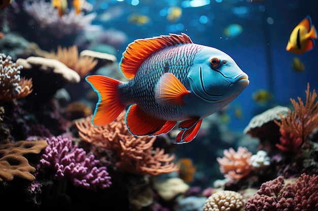 Peces tropicales de colores en primer plano contra el telón de fondo de un arrecife de coral