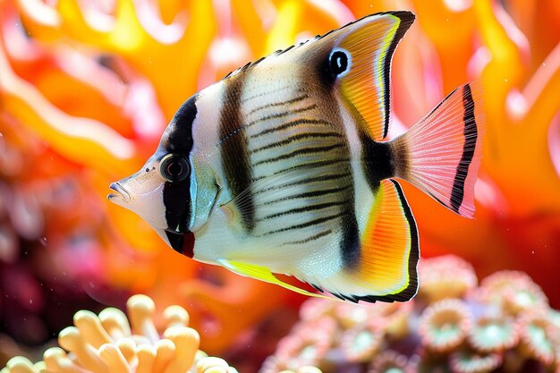 Foto peces tropicales coloridos nadando entre corales vibrantes en un acuario con temática de arrecife