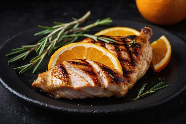 Foto pecho de pollo a la parrilla con hierbas y rebanada de naranja