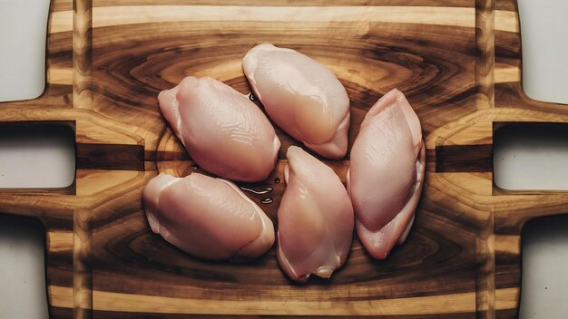 Foto pechos de pollo crudos en una tabla de cortar de madera