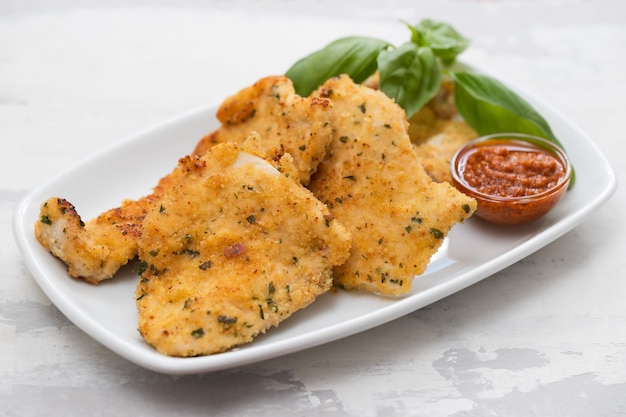 Pechuga de pollo frito con salsa en un plato blanco sobre cerámica