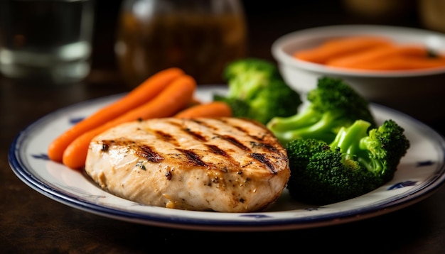 Pechuga de pollo a la parrilla y plato de verduras comida saludable generada por IA
