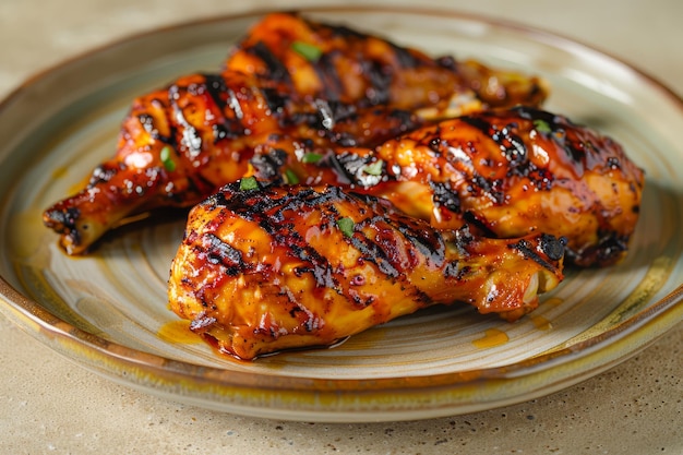 Pechuga de pollo a la parrilla con salsa de barbacoa en una placa de cerámica rústica Comida de barbacoa jugosa con visible