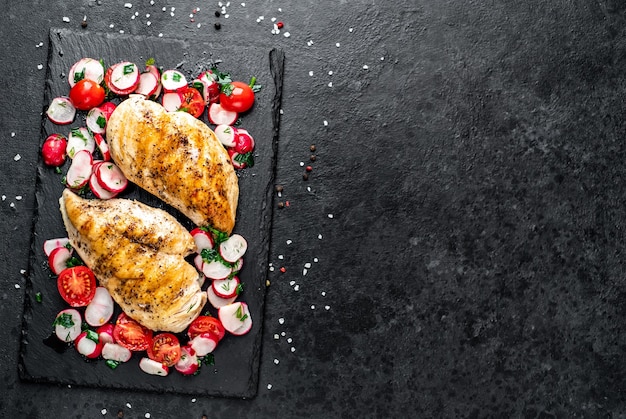 Pechuga de pollo a la plancha y ensalada con verduras frescas tomates y rábanos Carne de pollo con ensalada Comida sana en mesa de piedra