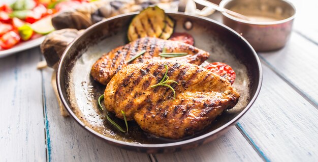 Pechuga de pollo a la plancha en una vieja sartén decoración de hierbas patatas y verduras.