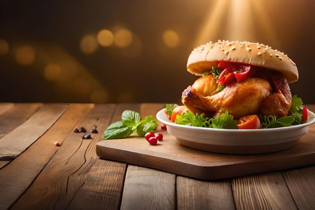 Una pechuga de pollo se sienta en un plato con una luz brillando detrás.