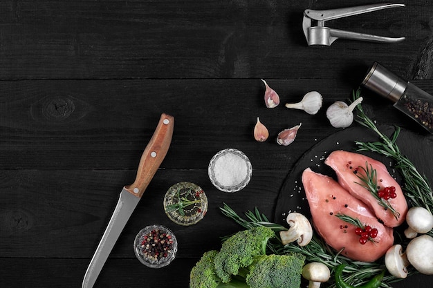 Pechuga de pollo en una tabla de cortar con hierbas y diferentes verduras sobre fondo de madera rústica Vista superior Espacio de copia Bodegón Plano