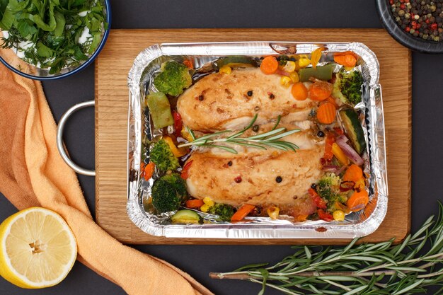 Pechugas de pollo al horno o filete con verduras y verduras en un recipiente de metal sobre una tabla de cortar de madera. Tazones de vidrio con salsa y pimientos de pimienta de Jamaica, limón. Vista superior.