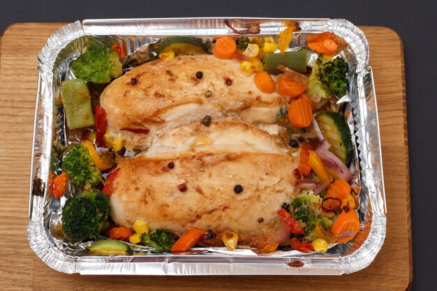 Pechugas de pollo al horno o filete con verduras y verduras en un recipiente de metal sobre una tabla de cortar de madera. Vista superior.