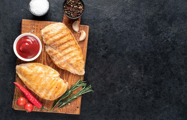 pechugas de pollo a la parrilla sobre fondo de piedra