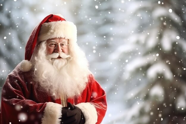 El peculiar Papá Noel barbudo en el bosque nevado de invierno Las vacaciones de invierno y el concepto de Navidad