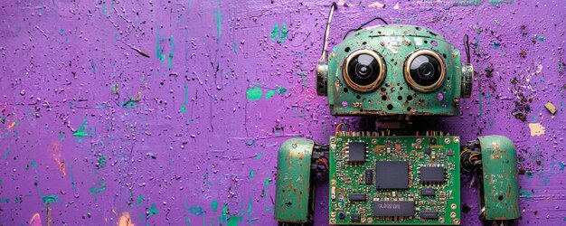 Un peculiar robot púrpura sentado en una placa de circuitos que muestra una mezcla de tecnología y creatividad en