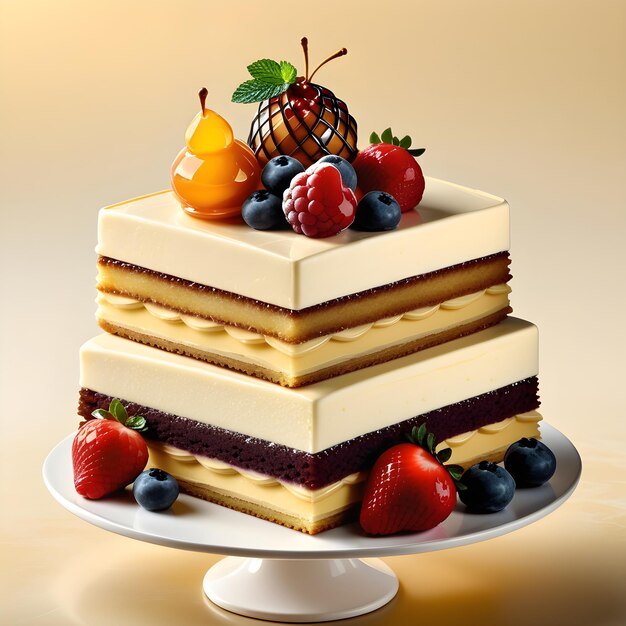 Foto pedaço de bolo com bagas em um prato branco renderização 3d