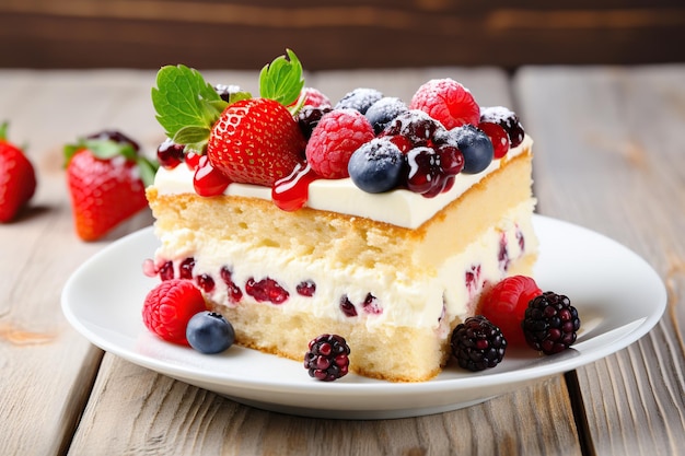 Pedaço de bolo com frutas em fundo de madeira