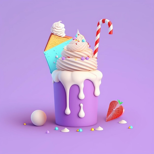 Foto pedaço de bolo de aniversário 3d com milkshake ai generativo