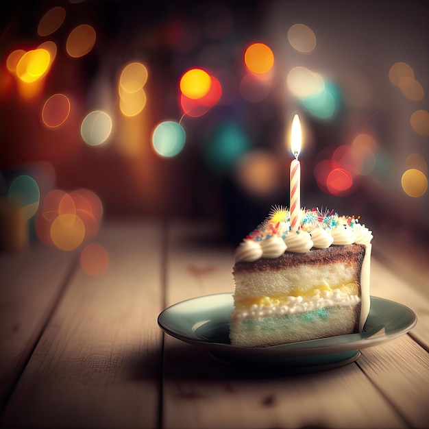 Pedaço de bolo de aniversário com IA geradora de velas