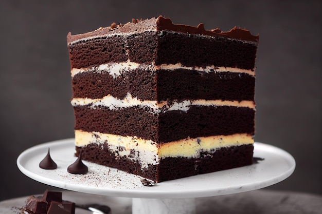 Pedaço de bolo de chocolate caseiro delicado com camada de creme branco