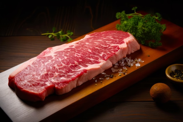 Pedaço de carne crua sentado na tábua ao lado de brócolis Generative AI