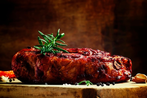 Pedaço de carne de porco assada com foco seletivo de fundo de madeira vintage de alho e alecrim