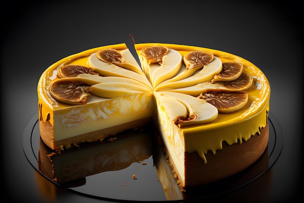 Pedaço de cheesecake com fatias de banana fresca e arte gerada pela rede neural de hortelã