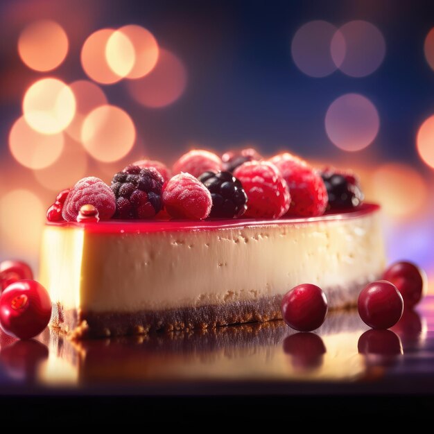 Pedaço de cheesecake com iluminação cinematográfica de bagas com bokeh generativo ai