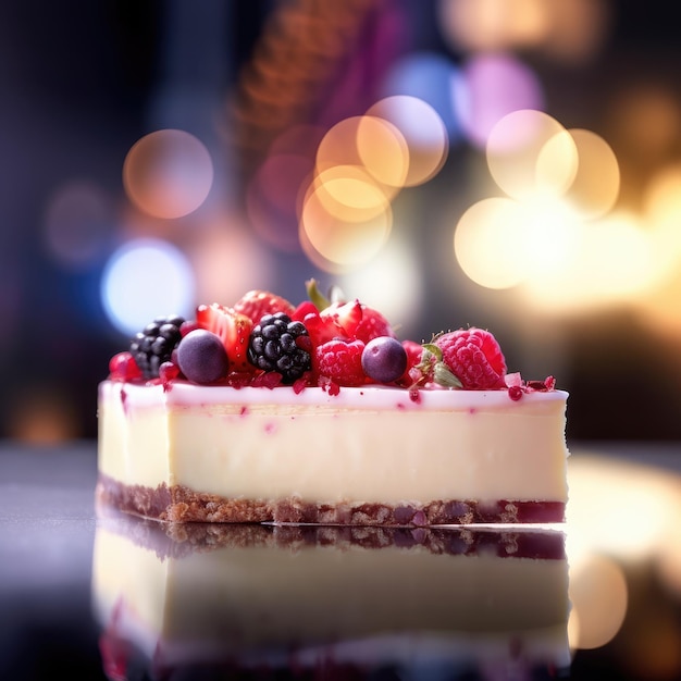 Pedaço de cheesecake com iluminação cinematográfica de bagas com bokeh generativo ai