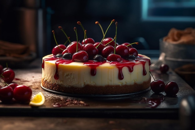 Pedaço de cheesecake de cereja com chocolate branco