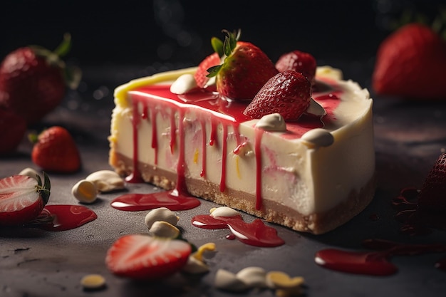 Pedaço de cheesecake de morango com chocolate branco