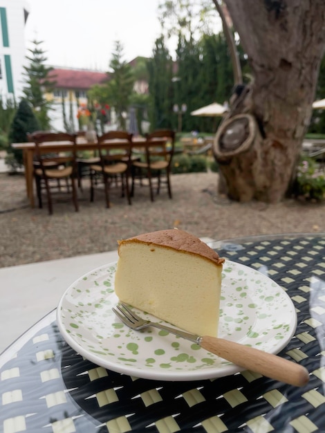 Pedaço de cheesecake servindo no jardim